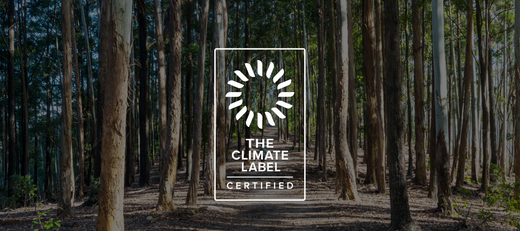 Eucalyptus forest with The Climate Label Certified mark.