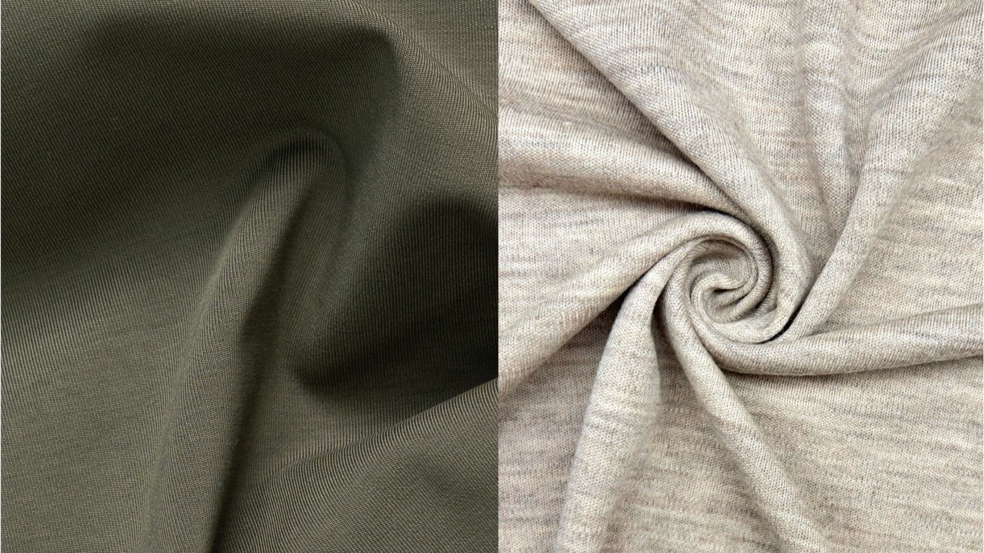 Side-by-side close-ups of olive woven fabric and cream marled knit fabric.