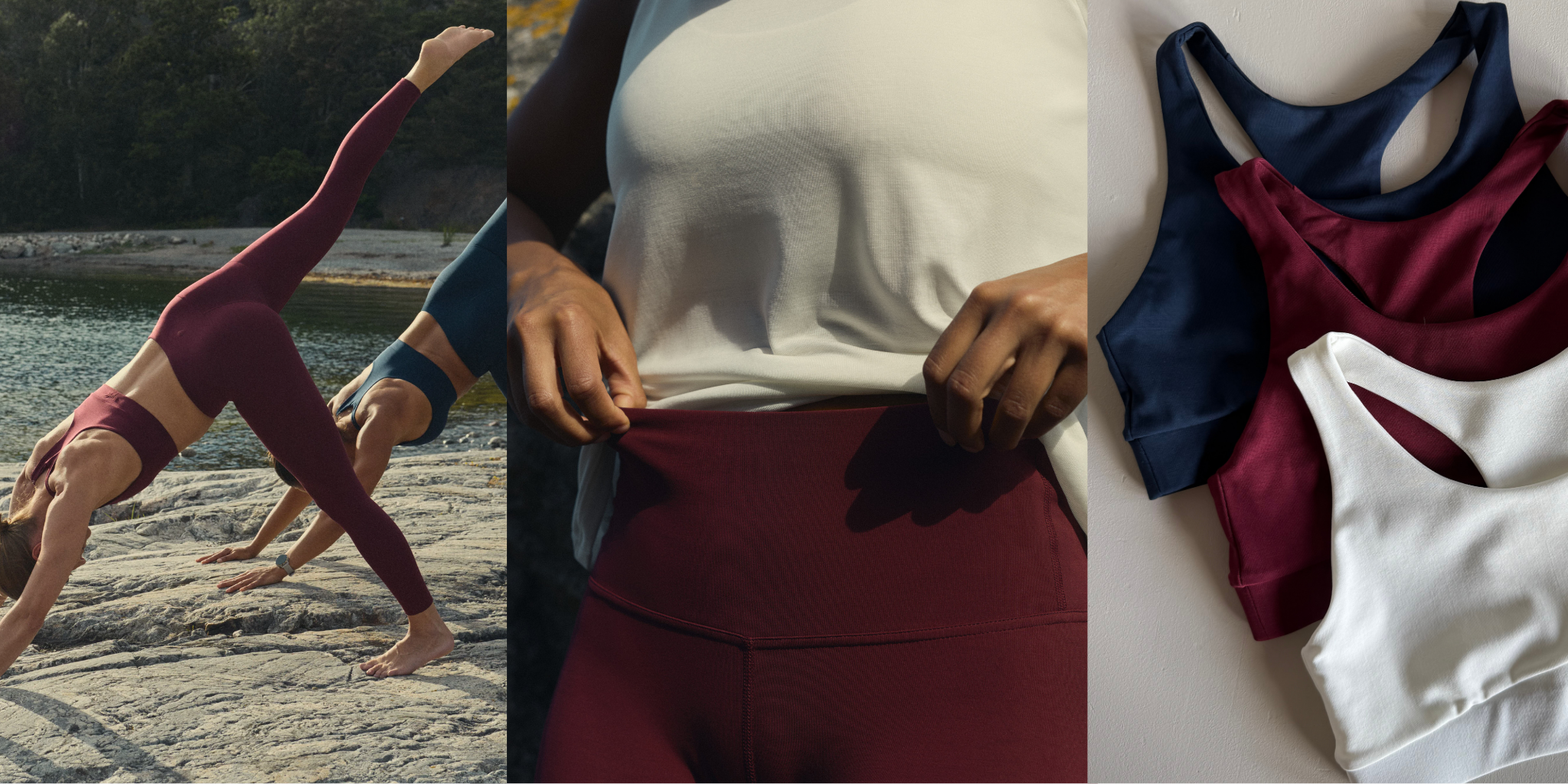 Collage of a yoga pose in a burgundy set, burgundy leggings with a white top and folded sports bras