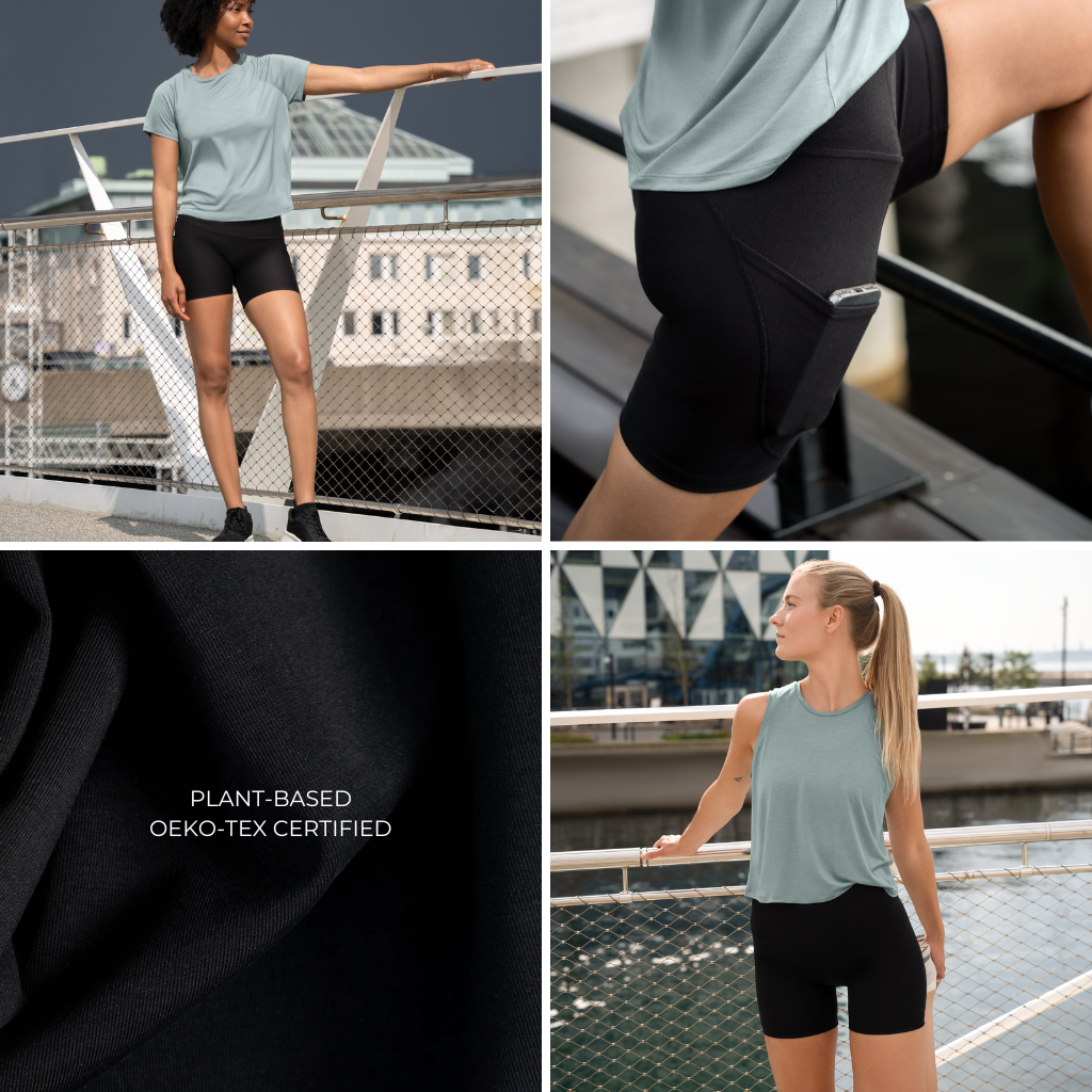 Women working-out outdoors in Tripulse tencel shorts and tops